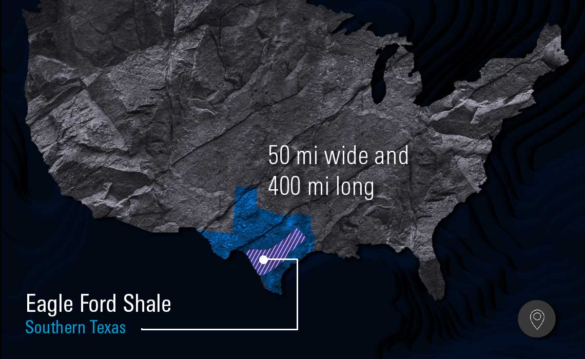 Illustration of a North America map highlighting the Eagle Ford basin