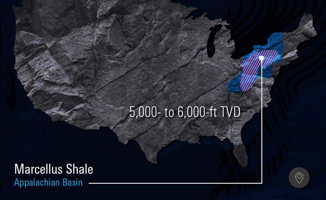 Illustration of a North America map highlighting the Marcellus basin