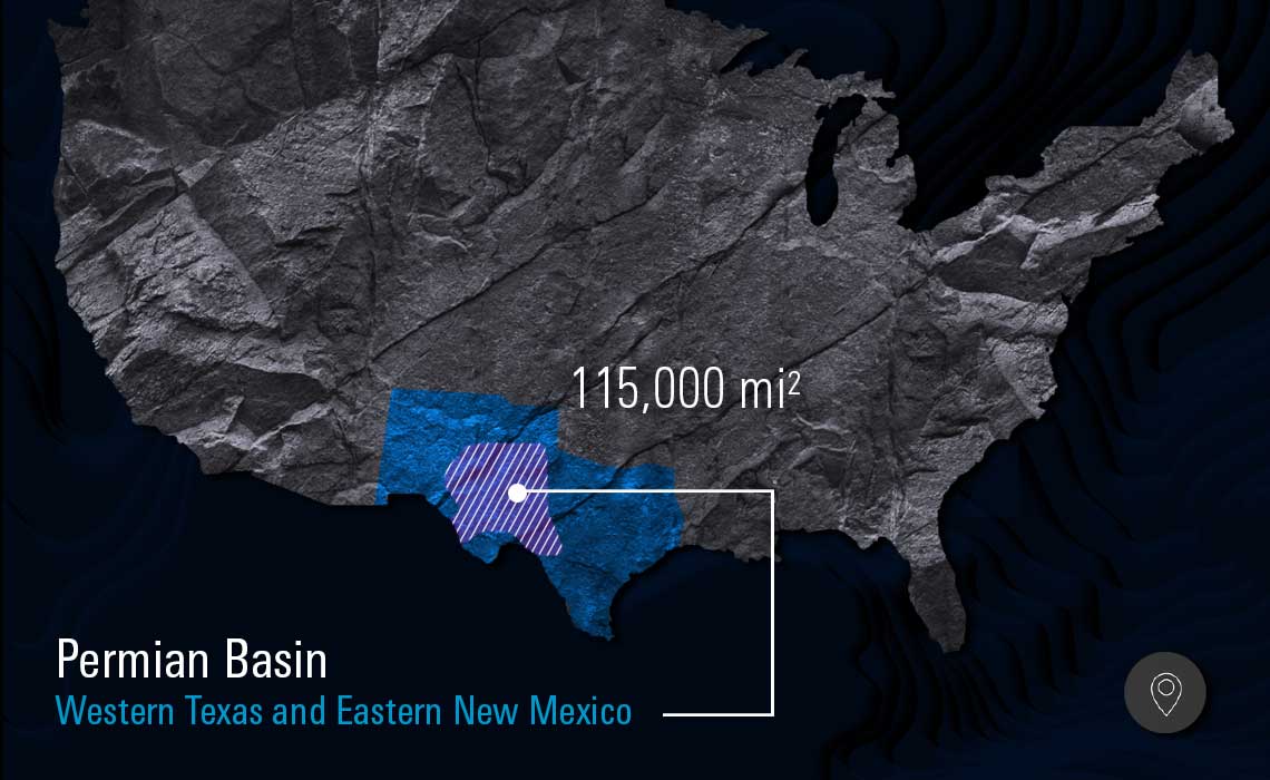 Illustration of a North America map highlighting the Permian basin