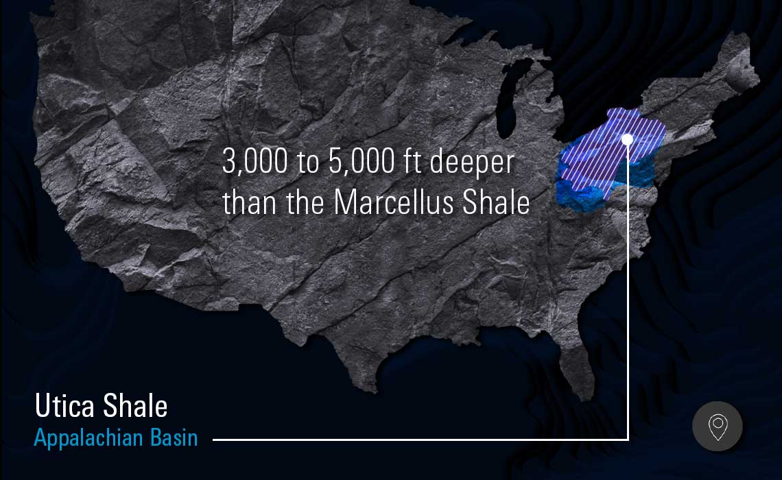 Illustration of a North America map highlighting the Utica basin
