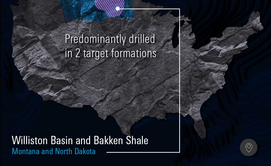 Illustration of a North America map highlighting the Williston basin
