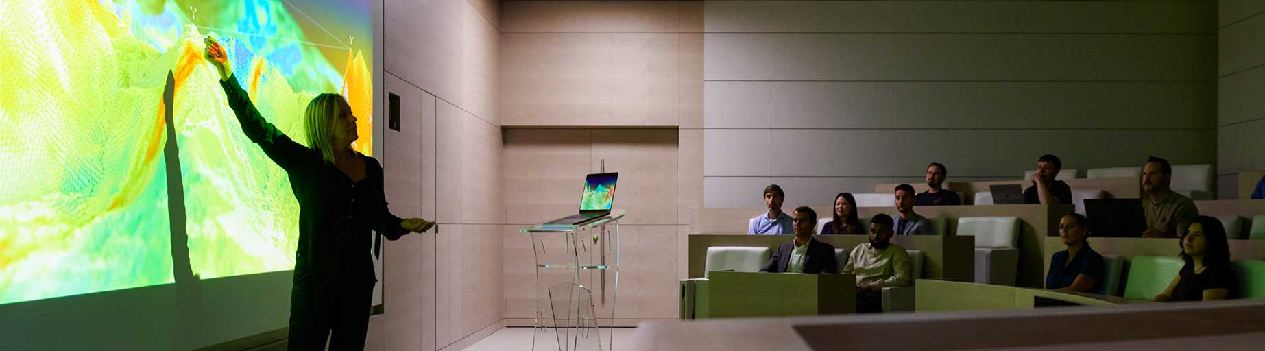 A group sitting in an auditorium watching a presenter speak on a characterization model image