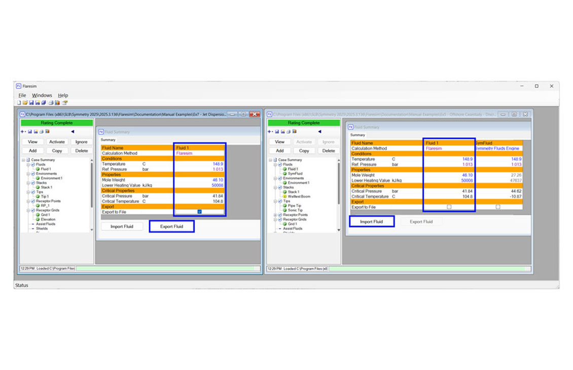 Flaresim software: share fluids across multiple cases