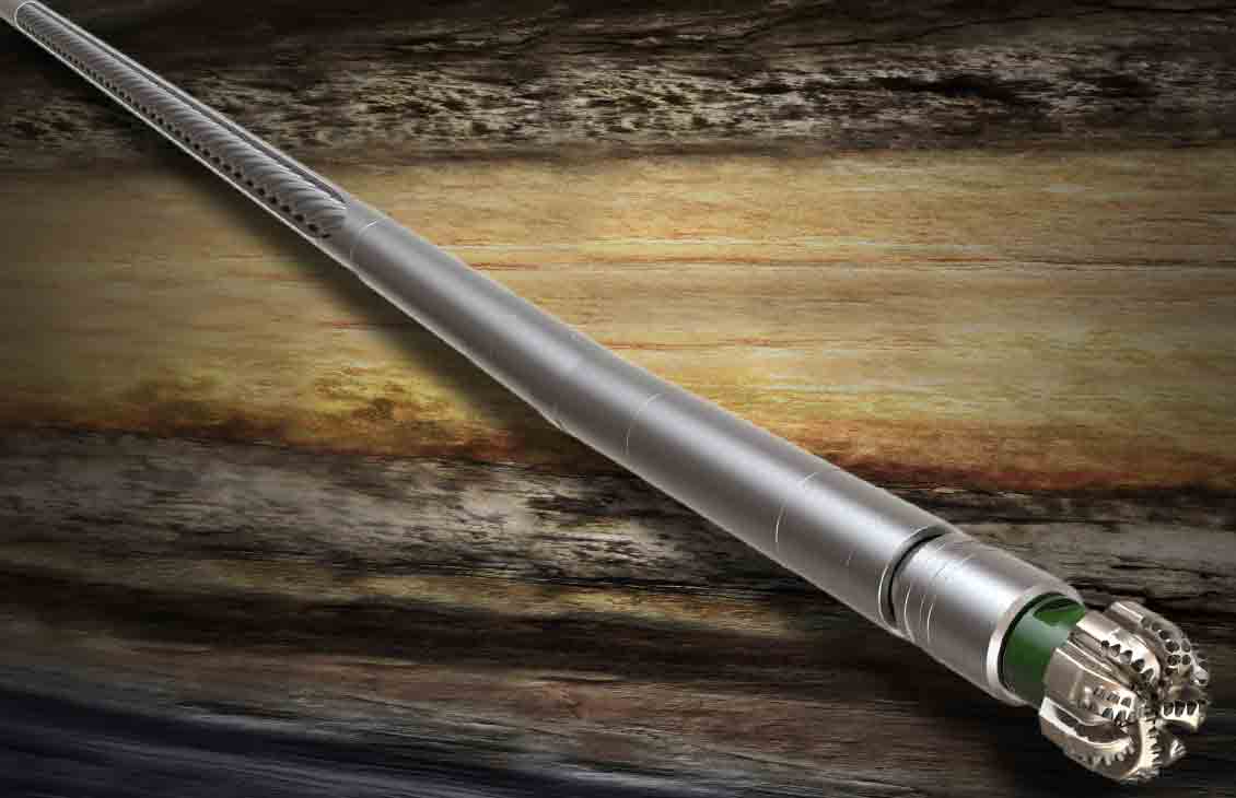 A rendering of a drilling BHA with bit and drilling motor moving through a rock formation