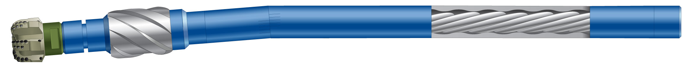 Simple shaded rendering of a Dynaforce Flex motor in a BHA with a cutaway view of the rotor and stator