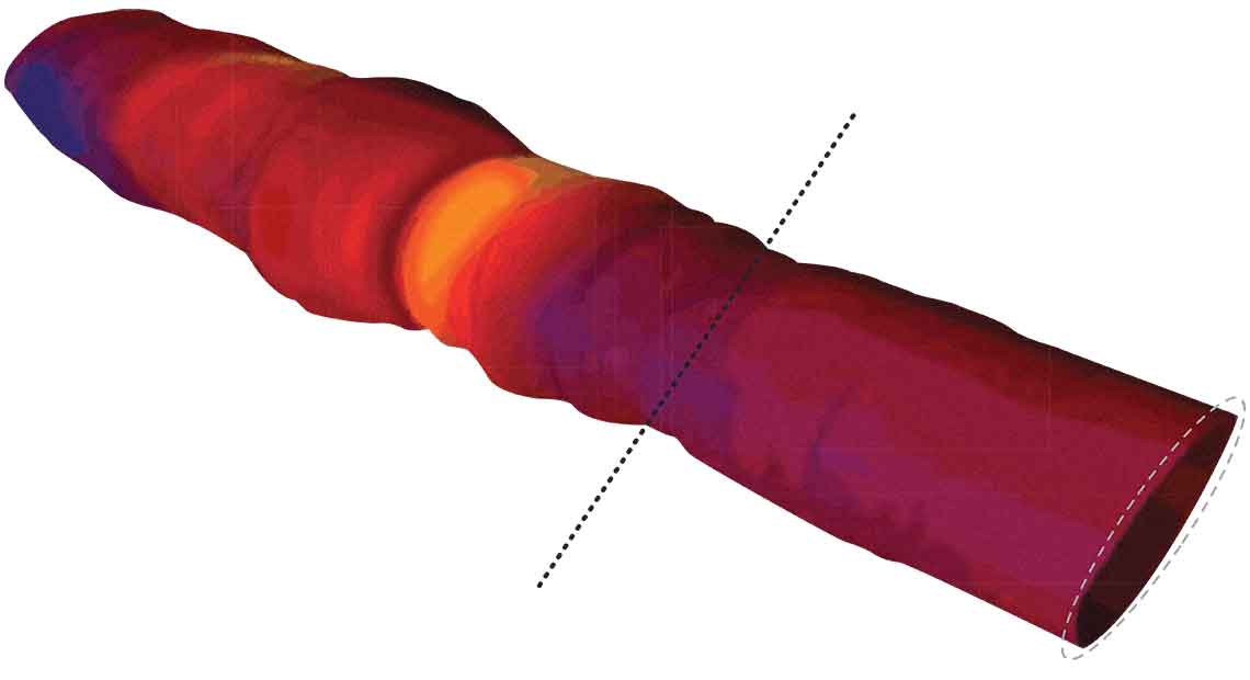 Computer simulation output showing an uneven borehole drilled with a motor compared with the smoothness of one drilled with a turbodrill