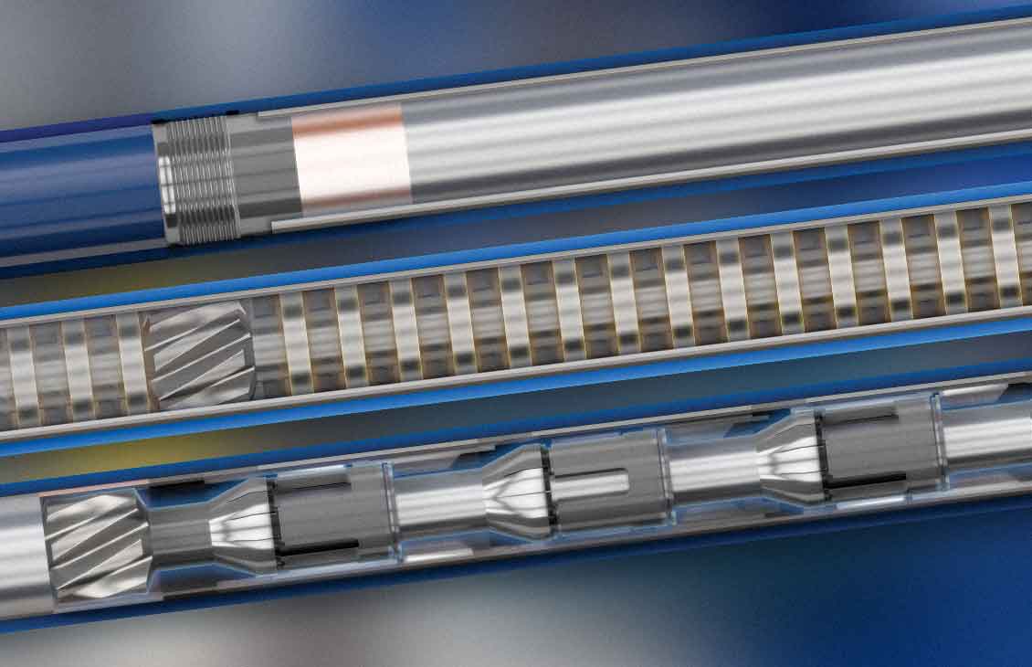 Three transparent-skinned Neyrfor thru-tubing turbodrills exposing the complex mechanism inside