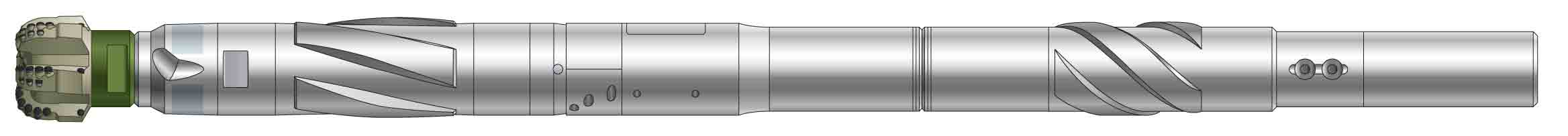 A simplified side-view rendering of a shortened BHA incorporating a PowerDrive Archer RSS and a PDC bit