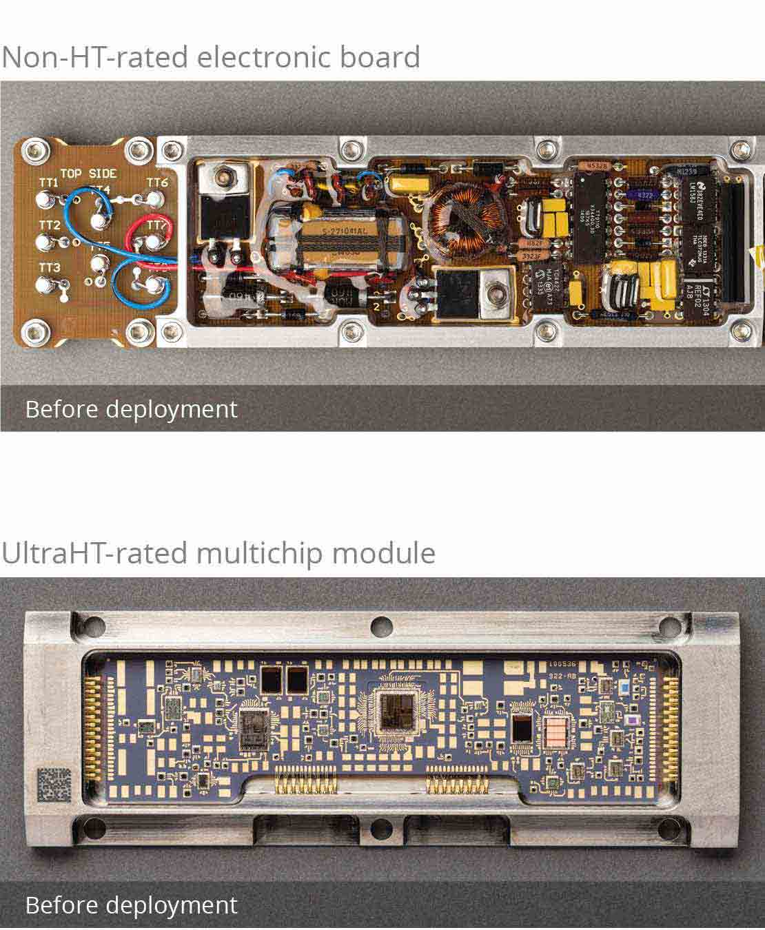 Two RSS circuit boards before-and-after exposure to high heat. The PowerDrive ICE circuit board is undamaged.