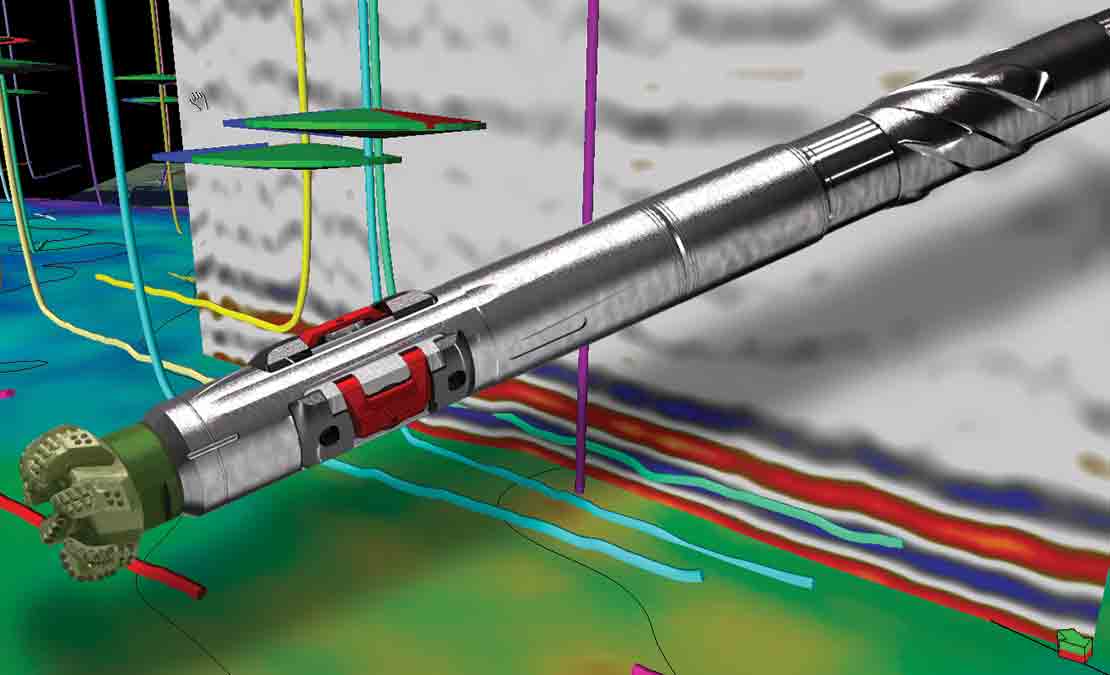 A colorful collage that includes a rendering of a PowerDrive vorteX BHA, a seismic image, and 3d well trajectories