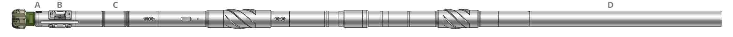 A simplified side-view rendering of a shortened PowerDrive vorteX RSS BHA, including the DynaForce drilling motor