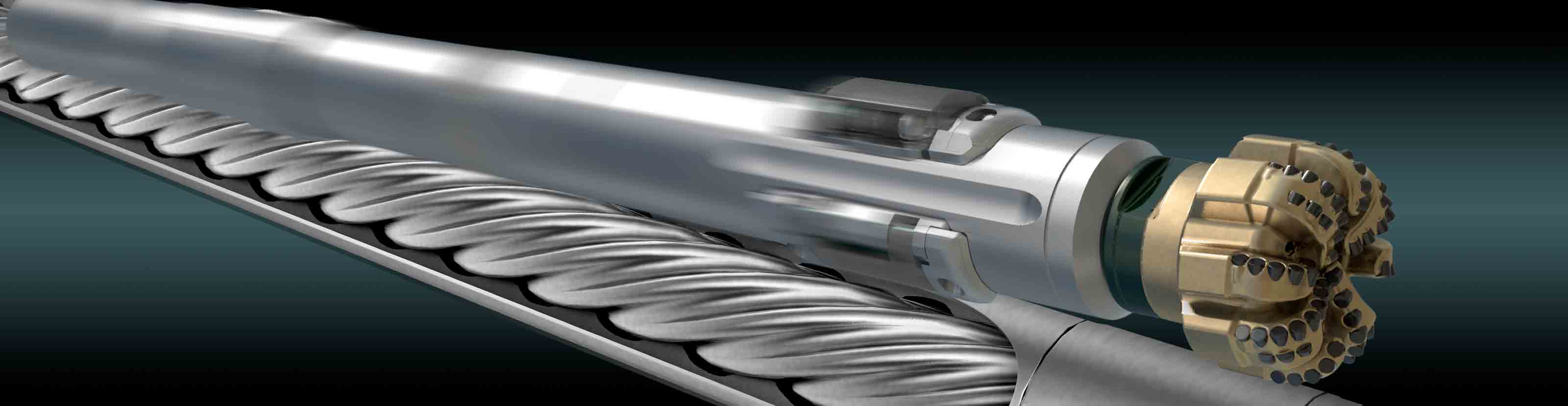 Close-up rendering that highlights the core components of a PowerDrive vorteX system: the RSS, drilling motor, and PDC bit