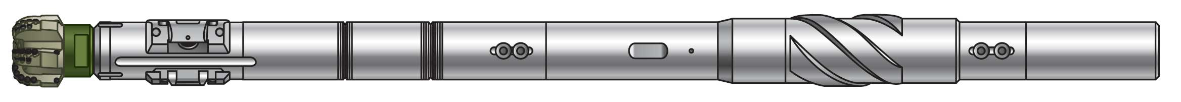 Simplified and shortened rendering of a BHA that includes a PowerDrive X6 RSS and a PDC bit