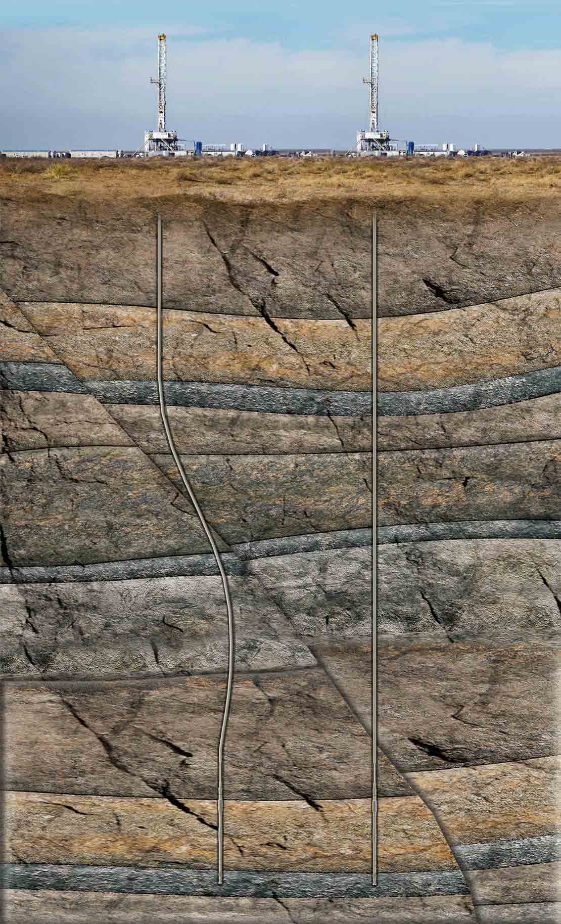 An illustration showing two wells, one that deviates unintentionally from vertical, while the other, drilled using the PowerV RSS, is straight