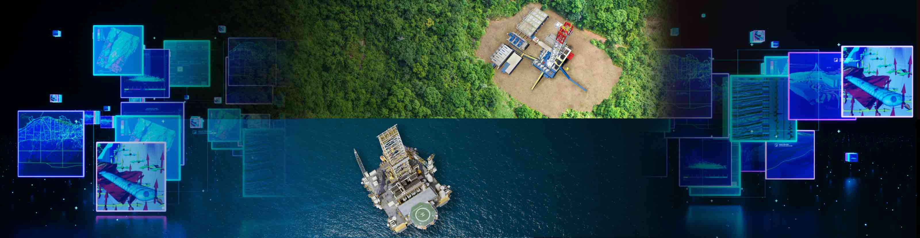 Graphic with digital data, an onshore rig, and an offshore rig.