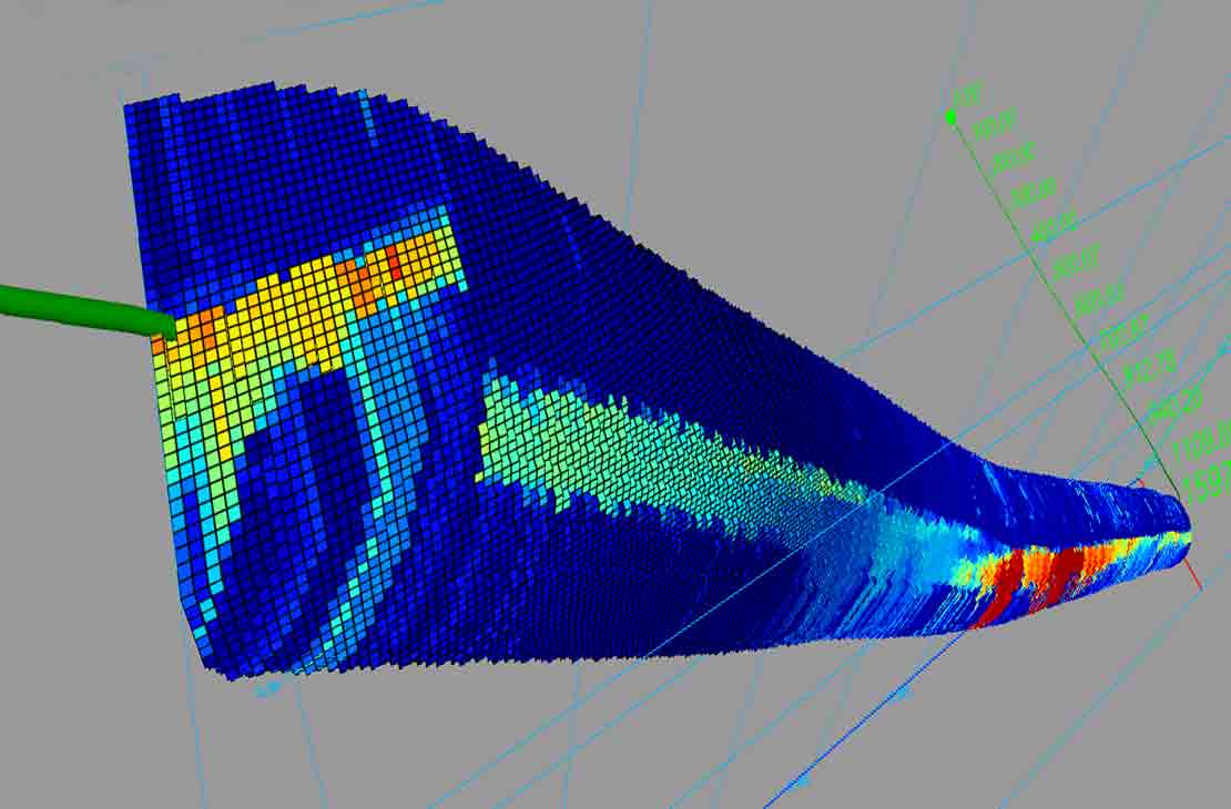 Petrel rendering that combines well path details and 3D reservoir data as collected by the GeoSphere service