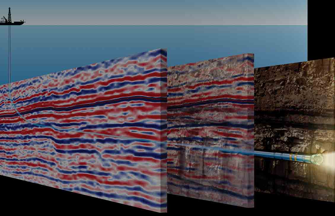 Illustration of a BHA using the seismicVISION service moving through layers of data