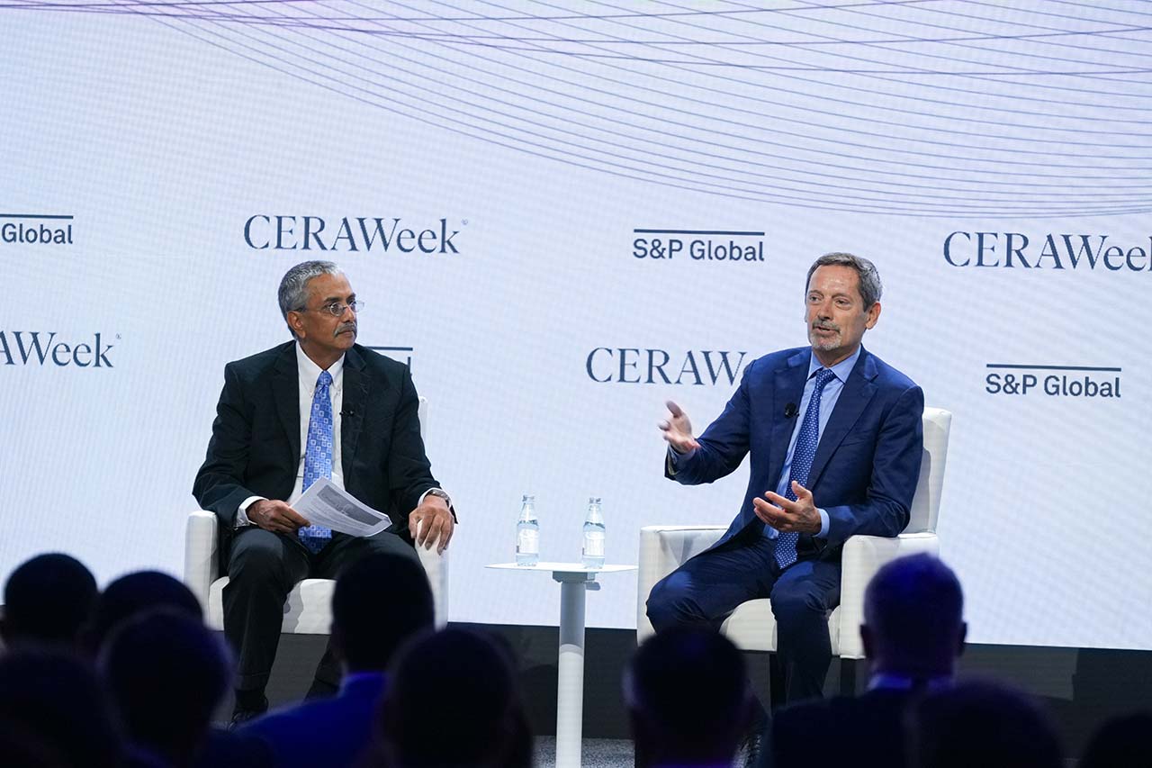 Photo of Olivier Le Peuch speaking at CERAWeek