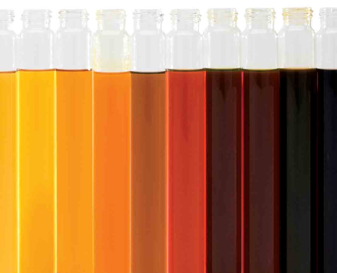Oil samples arranged by color