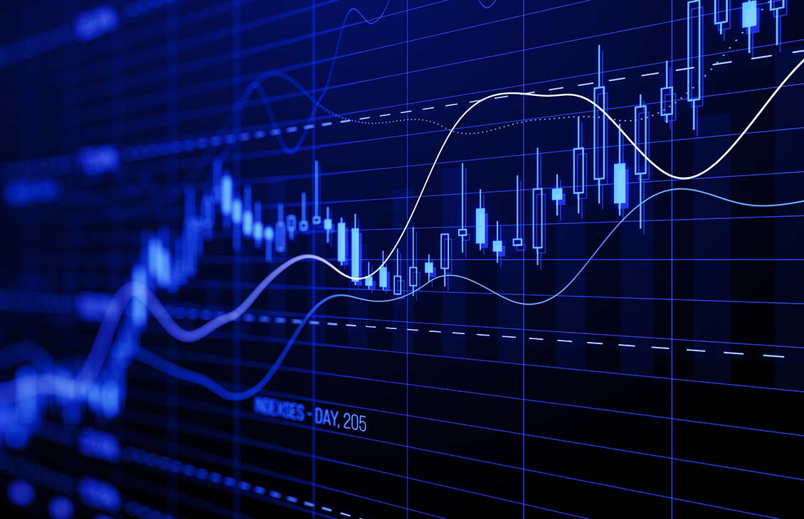 Blue-toned financial chart showing candlestick patterns and multiple trend lines on a dark grid background, representing stock market data and price fluctuations.