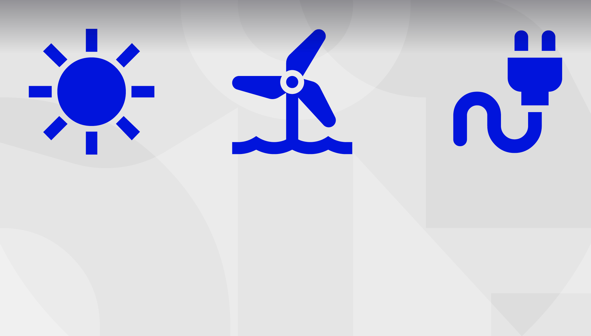 Power grid graphic, sun, wind turbine and plug icons on gray background.