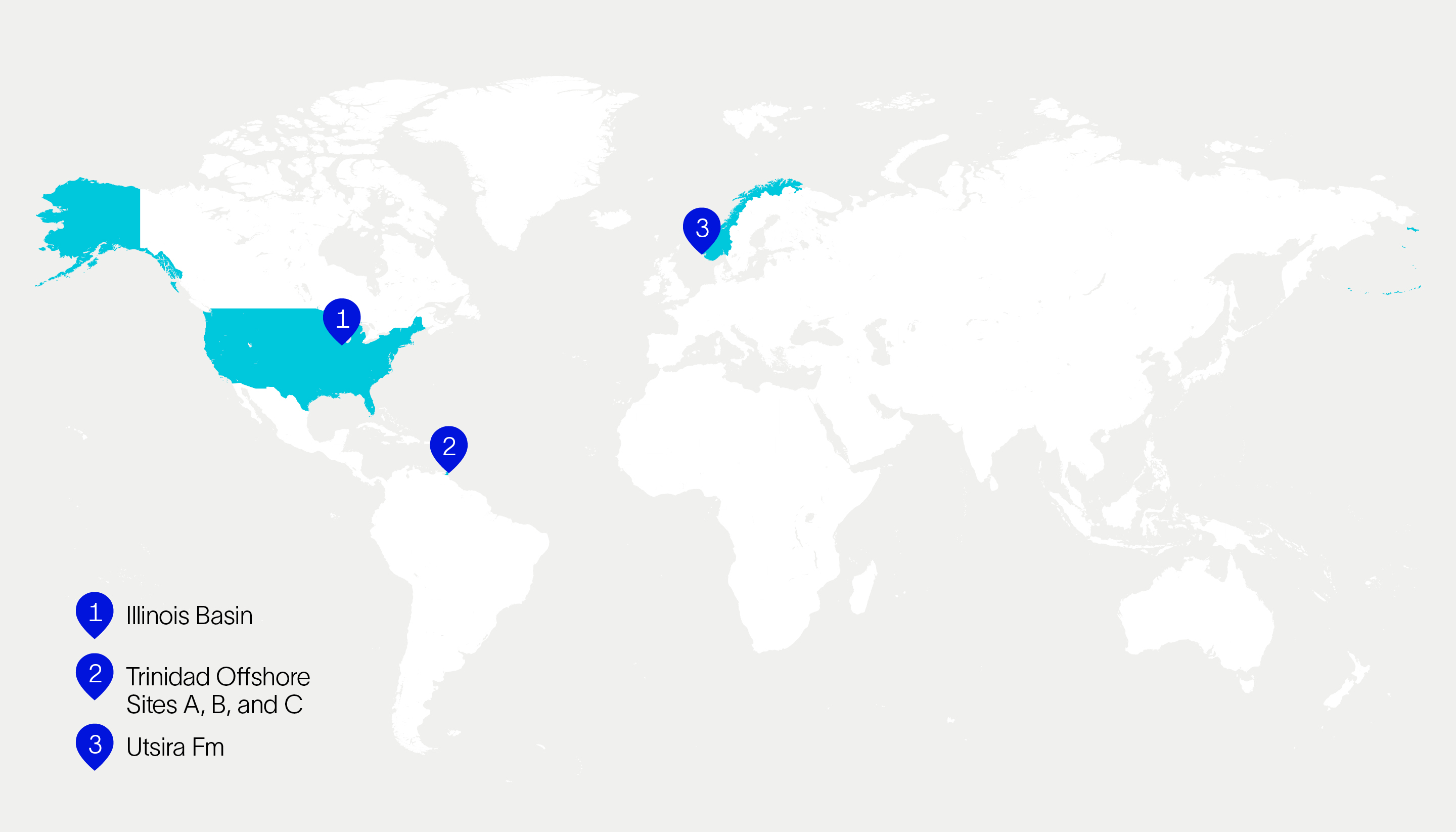 A map of 3 carbon storage sites in the US, Norway, and Trinidad & Tobago.