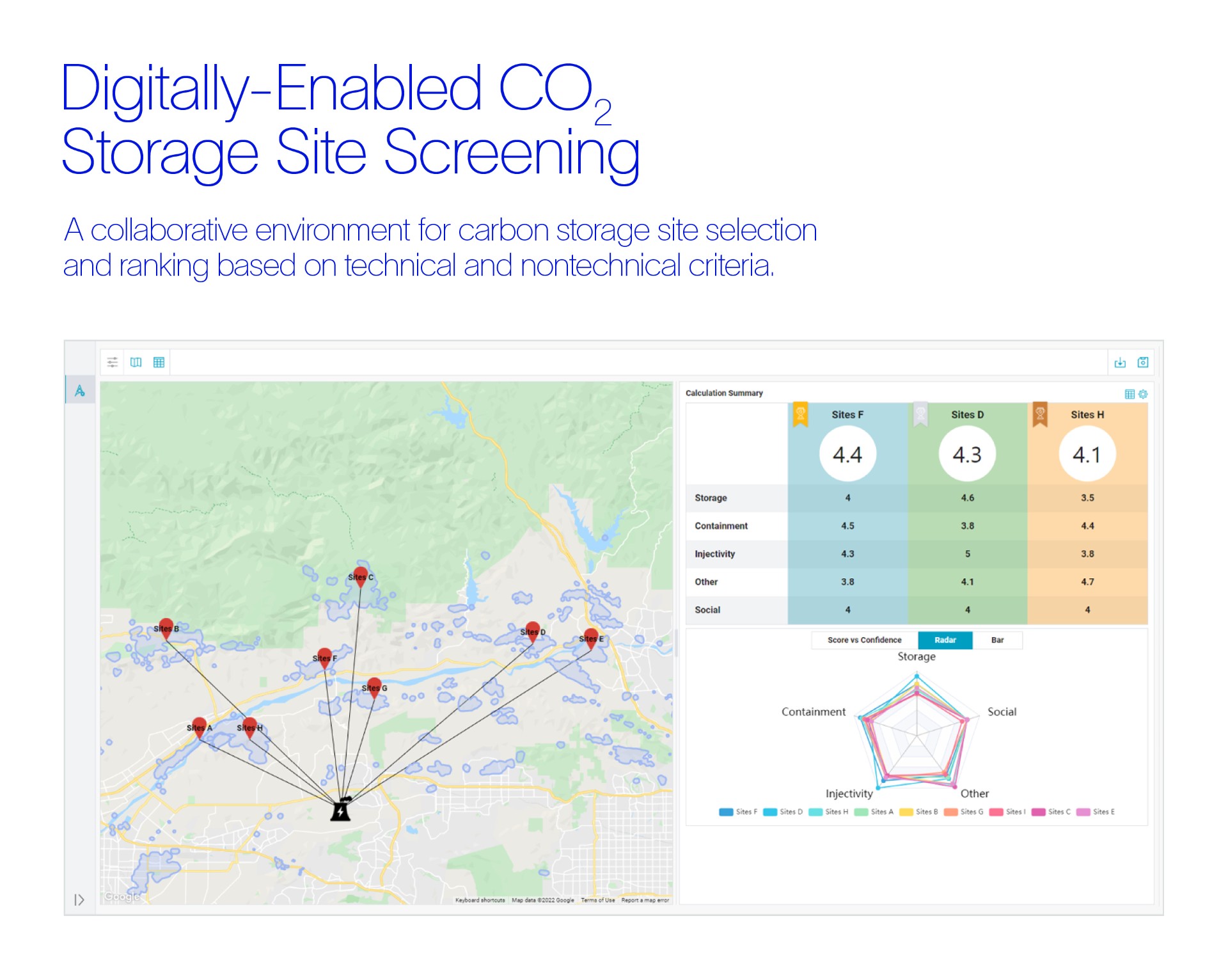 A screenshot of a digital environment that allows for collaboration on carbon storage site selection and ranking.