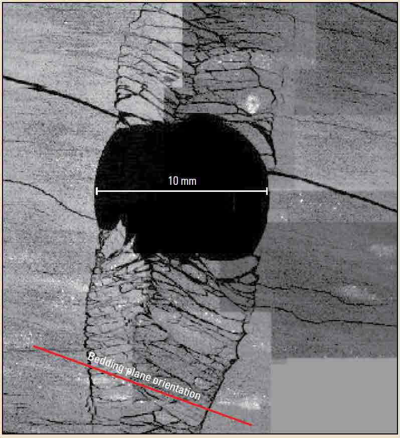 A geomechanics model of a reservoir (background) is shown with the seismic dataset (left) used to build it. 