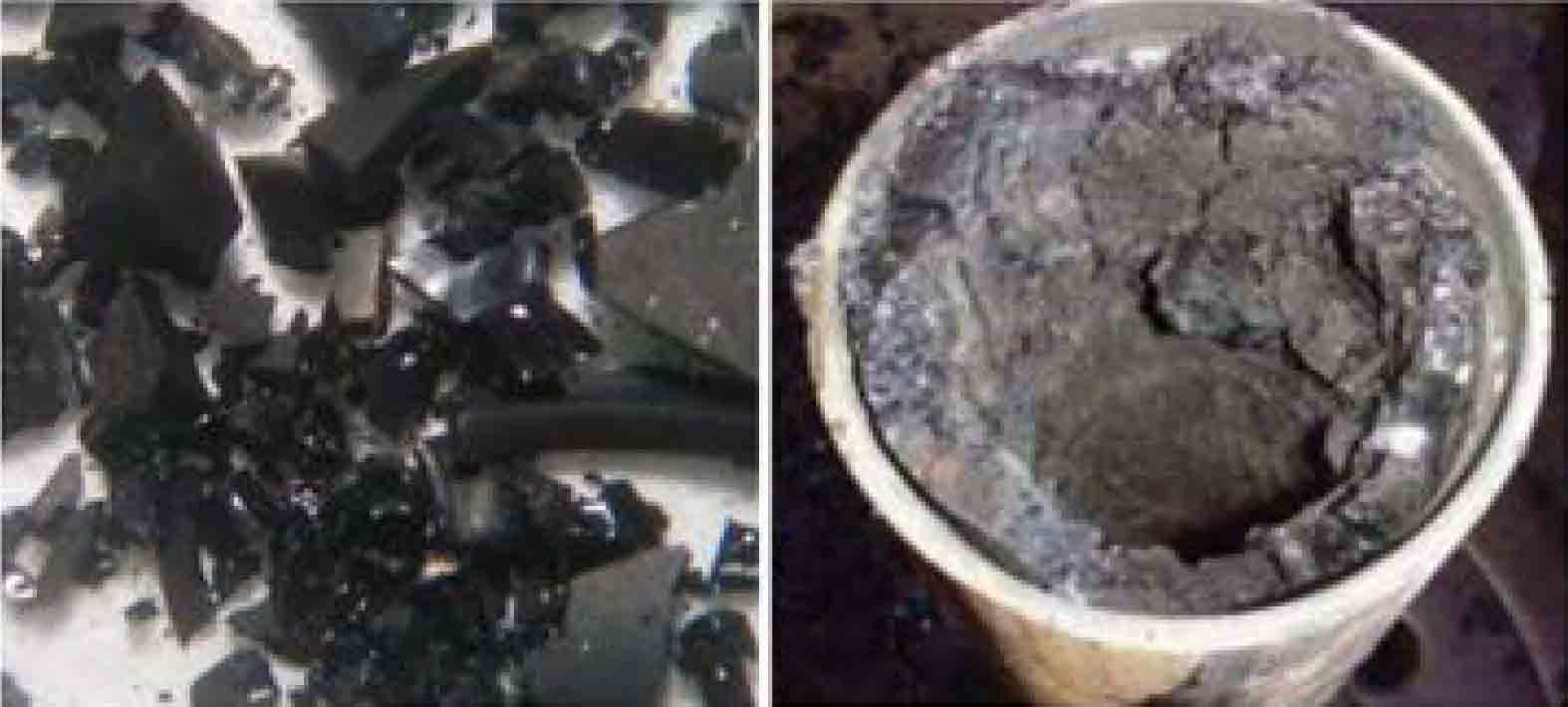 A laboratory sample of n-heptane asphaltenes (left) is derived from crude oil. A field deposit of asphaltenes (right) consists largely of n-heptane asphaltenes.