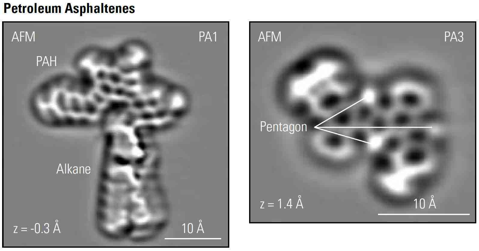 Atomic force microscopy (AFM) images of petroleum asphaltene molecules show polycyclic aromatic hydrocarbons (PAH) composed of fused six-membered aromatic rings and some alkane substituents. 