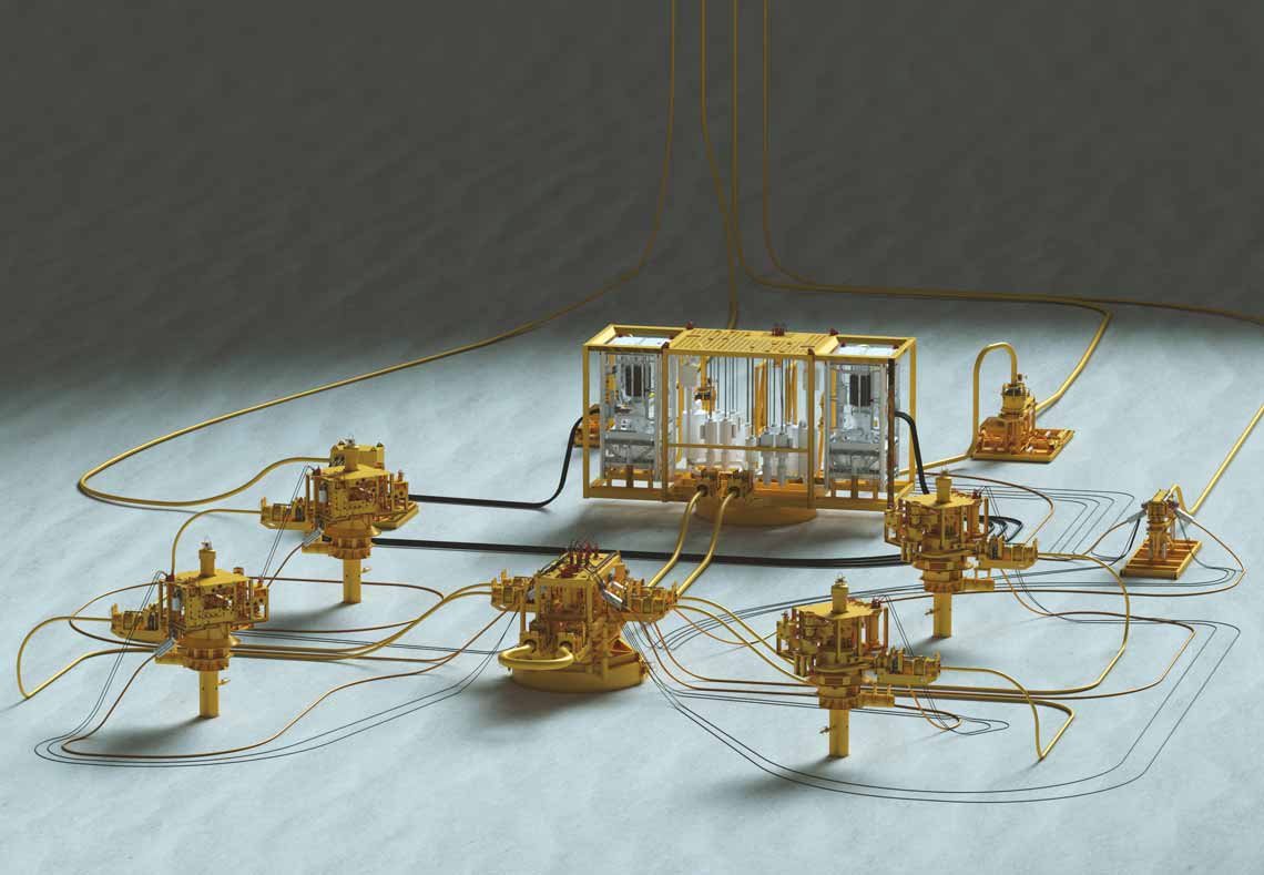 All-electric subsea production system installation rendering on sea bottom