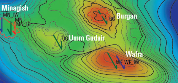 Tar mats (red outlines) observed in logs near the oil-water contact were incorporated in the dynamic aquifer model as potential barriers to fluid flow between the reservoir and the aquifer. Multiple history-matched realizations increased confidence in predictions.