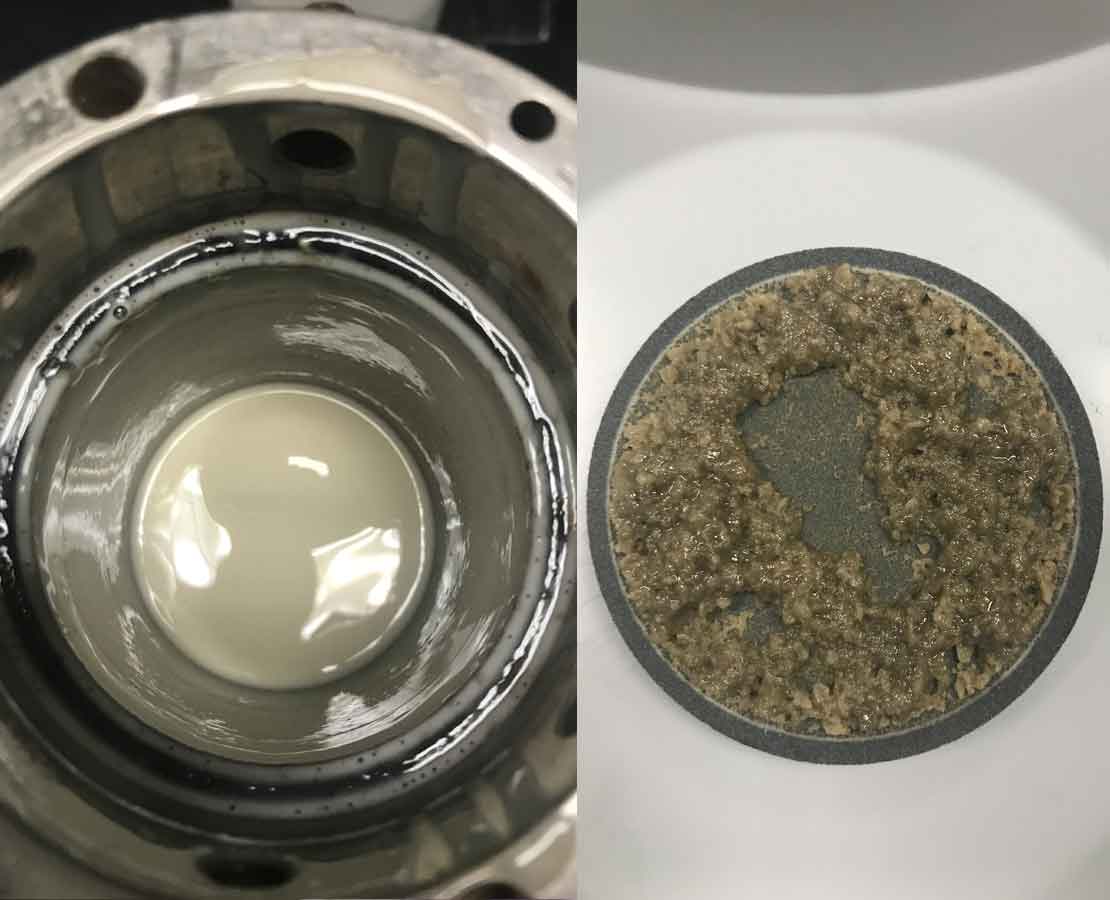 The VERSA-OUT System with PEN-8 package successfully dispersed the filtercake left by the VERSAPRO system. The filtercake before dispersal is shown on the left; the filtercake after dispersal is on the right.