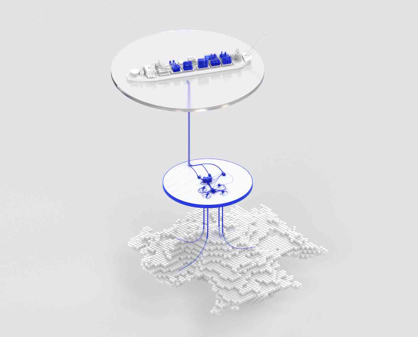 Blue and white rendering of an FPSO connected to deepwater subsea wells.