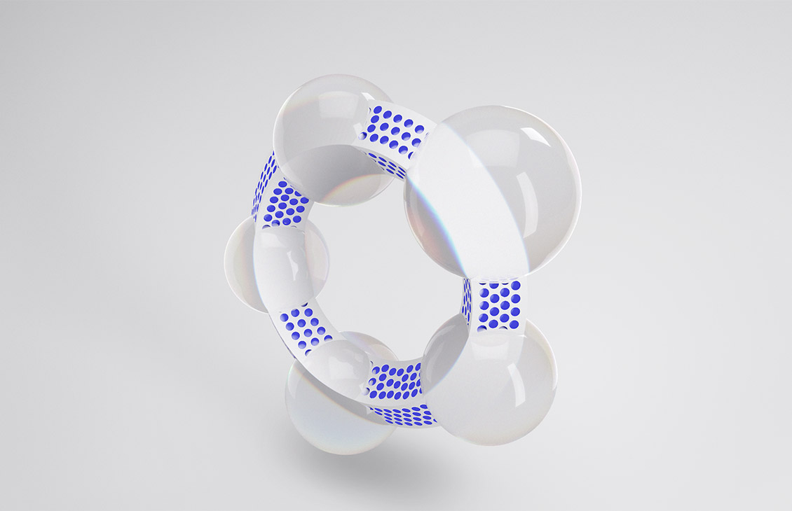 Abstract image showing a white ring with 5 white spheres and 5 segments with blue dots.