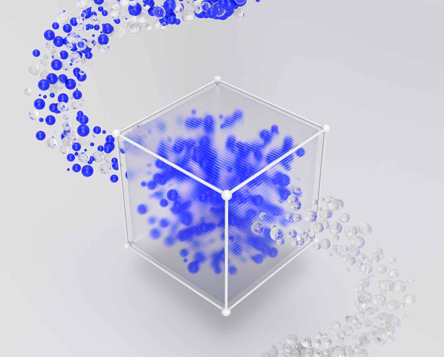 Blue and clear balls entering a translucent cube, blue ones are retained and clear ones flow out.