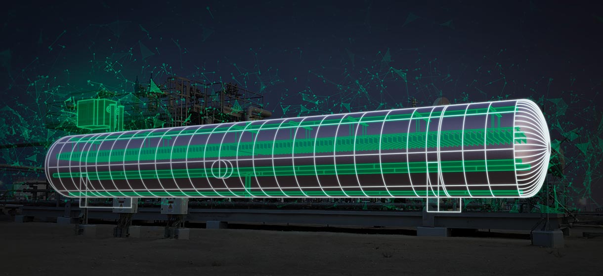 Image showing 3D wireframe overlay over the photo of the digital electrostatic desalter.