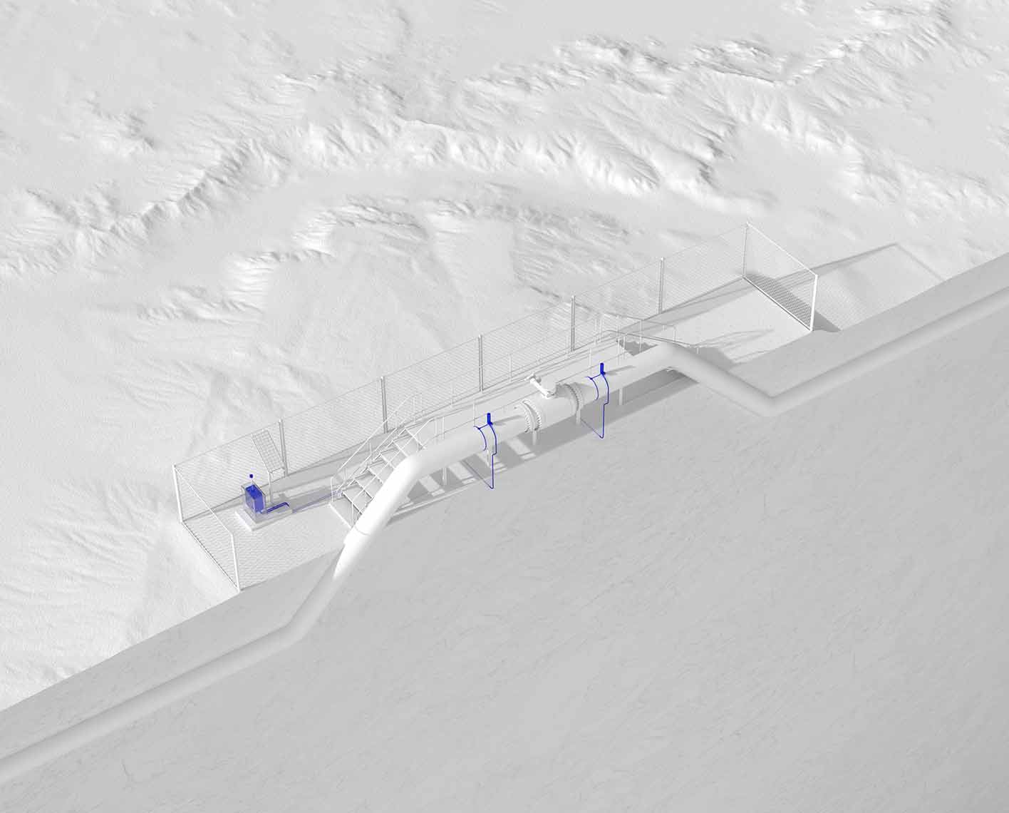 Artwork depicting a land pipeline valve station and pipeline fitted with 2 e-vpms sensors.