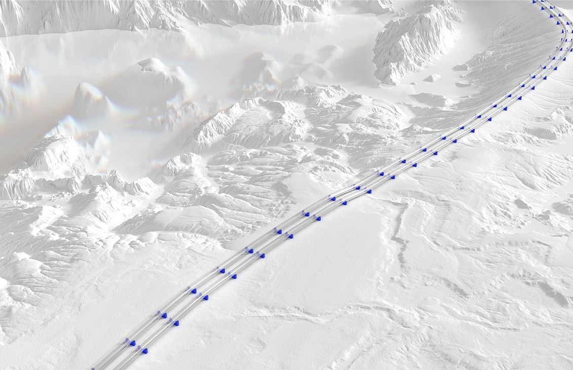 Artwork depicting pipelines crossing mountainous terrain.