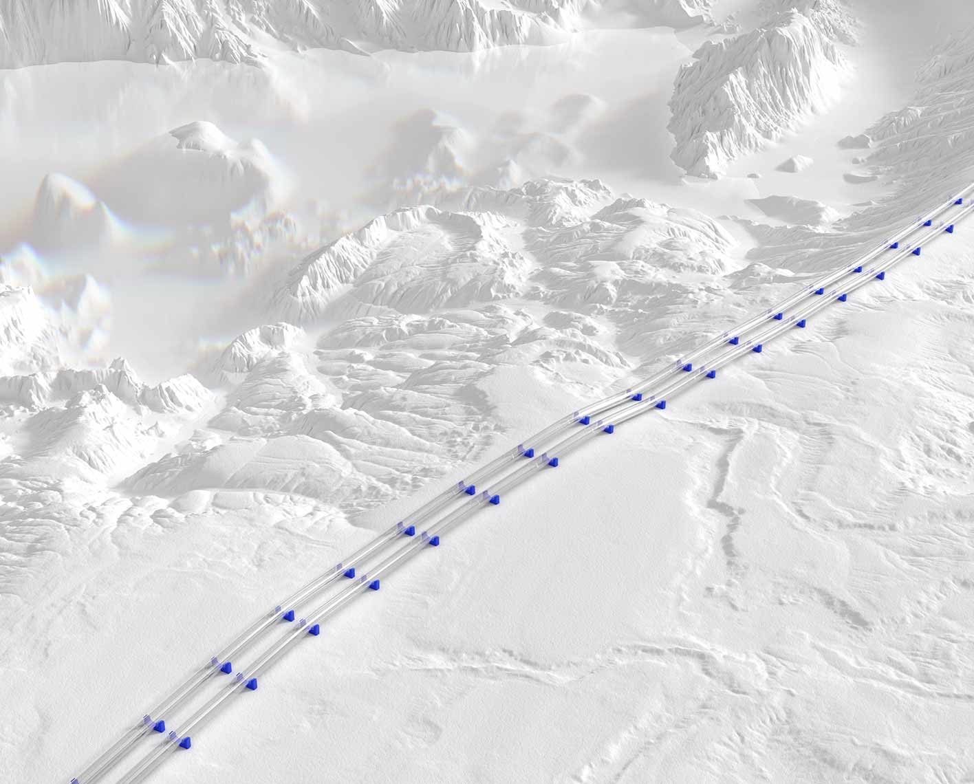 Artwork depicting pipelines crossing mountainous terrain.