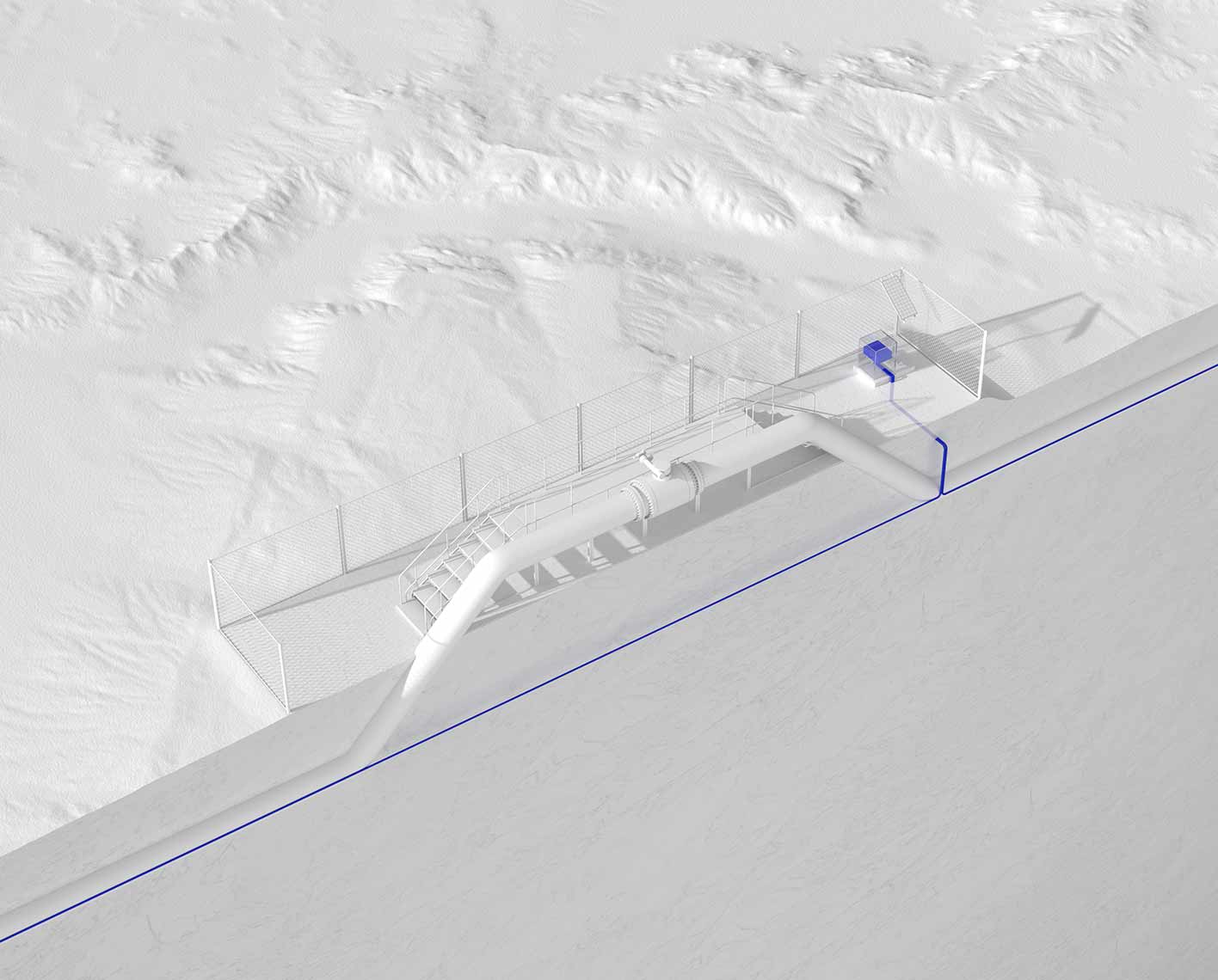 Artwork showing a land pipeline valve station, buried optical fiber, and a fiber-optic interrogator.