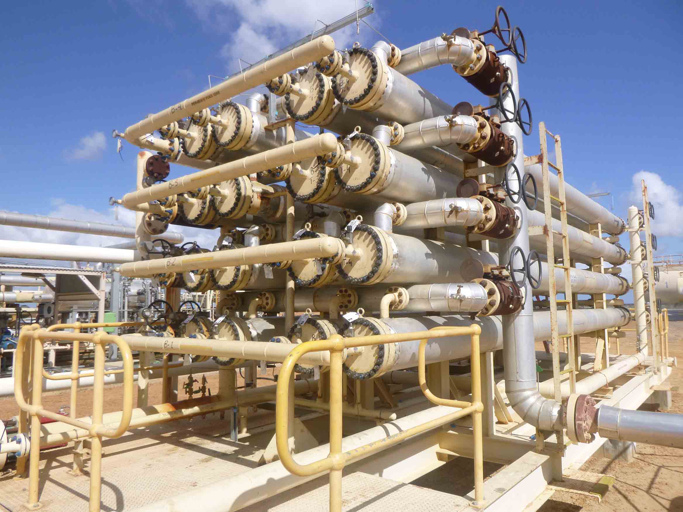 Bank of 16 horizontal Cynara membranes at a gas processing plant.