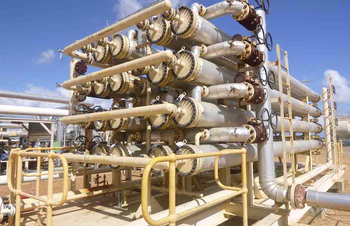 Bank of 16 horizontal Cynara membranes at a gas processing plant.