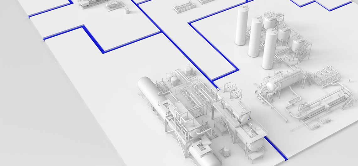 Artwork shows interlocking puzzle pieces, each bearing parts of a processing facility. 