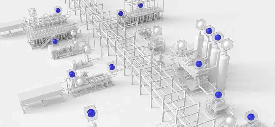 Blue and white artwork depicting an oil and gas processing facility.