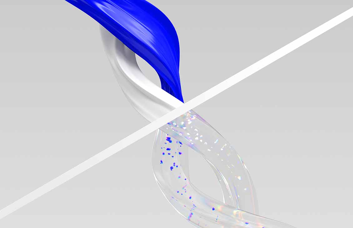 Intertwined blue and white spirals above a line and clear spirals below containing blue and white particles.