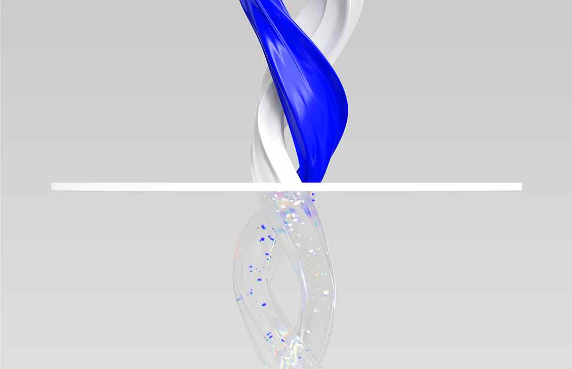 Intertwined blue and white spirals above a line and clear spirals below containing blue and white particles.