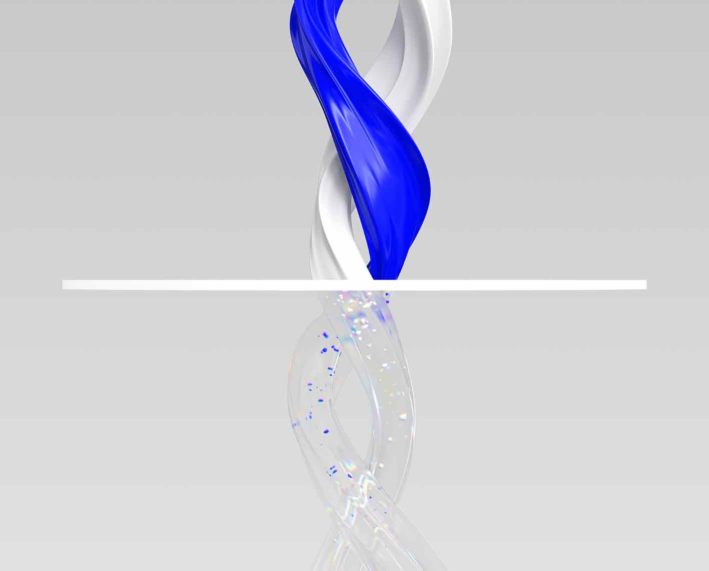 Intertwined blue and white spirals above a line and clear spirals below containing blue and white particles.