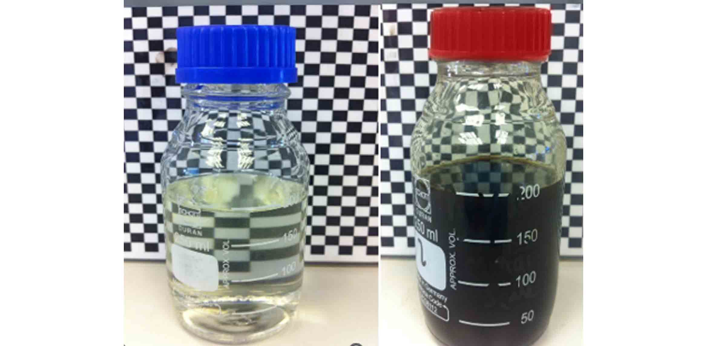 Jar on left with clear PYRISOL dissolver and on right with dark liquid after dissolving iron sulfide. 