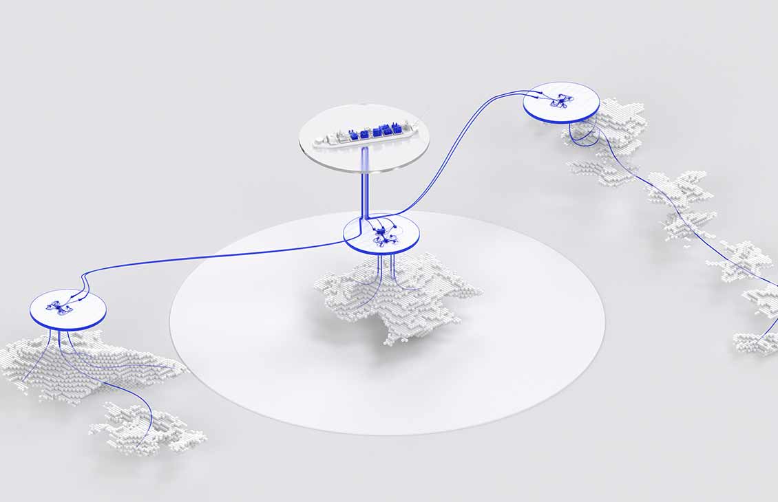 Graphic of 3 offshore platforms with multiple wells and long tiebacks supplying a single FPSO.